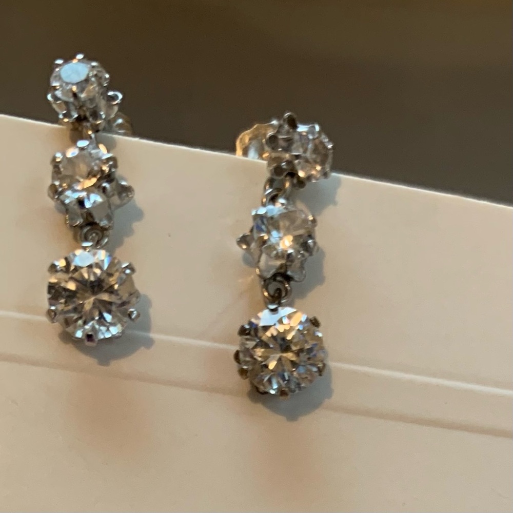SILVER 3 CZ Diamond Drop Earrings VINTAGE EDWARDIAN-STYLE 
DANGLE EARRINGS 1” - Picture 7 of 9